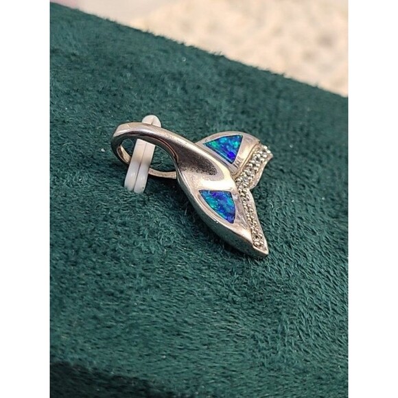 Sterling Silver Dolphin Tail Pendant Lab Opal Inlay 925 Ocean Jewelry Gift - Picture 2 of 5